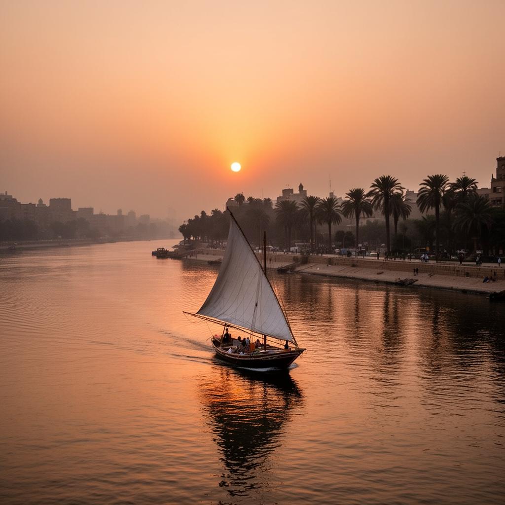 A felucca on the Nile river at sunset in Cairo.