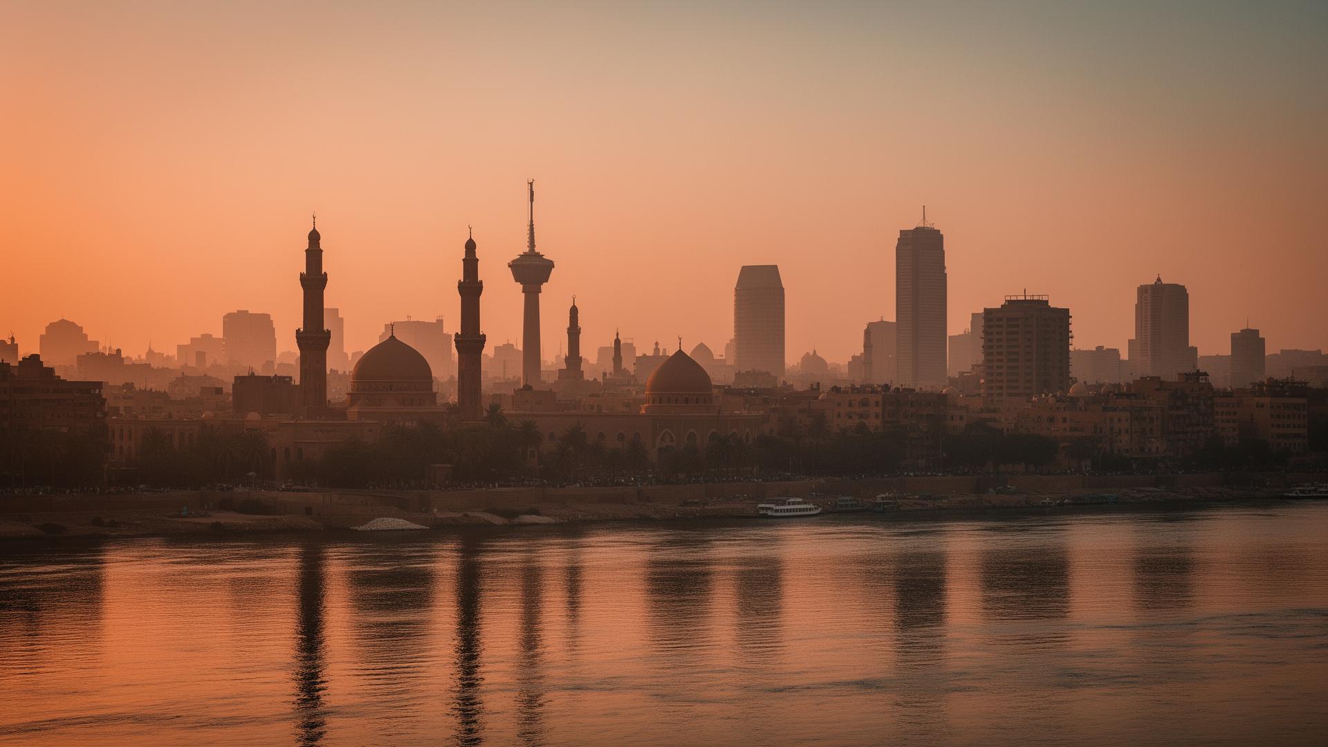 Cairo skyline at sunset — the Nile, minarets, and Cairo Tower.