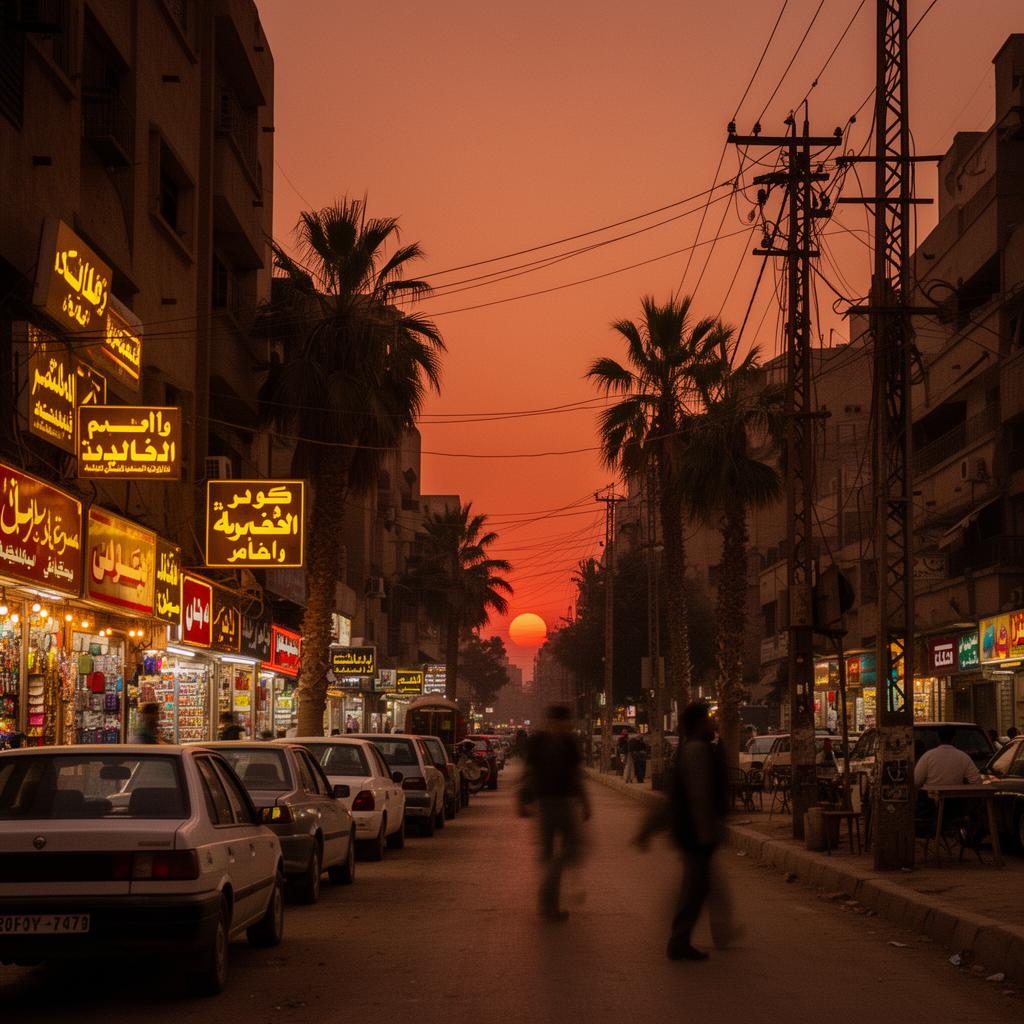 A Cairo street at sunset with Arabic shop signs and palm trees.